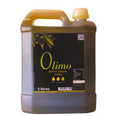 Frasco de azeite Olimo 5 litros com rótulo preto e texto amarelo.