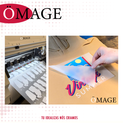 Impressora a imprimir e aplicação de vinil em superfície bege com texto colorido