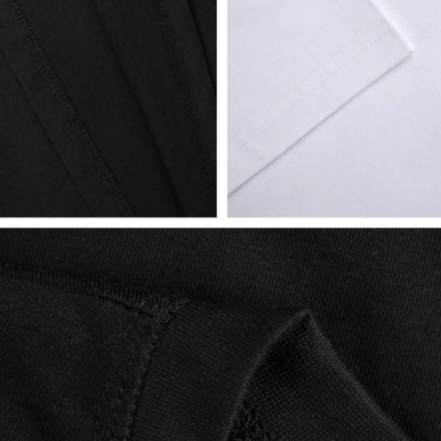 Detalhes de costuras e tecido de camisetas preta e branca