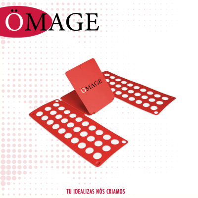 Conjunto de organizadores de roupa vermelhos com orifícios circulares e texto 'OMAGE'