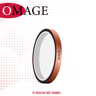 Anel redondo cobre metálico com texto IMAGE e fundo branco pontilhado rosa