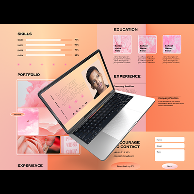 Laptop exibindo portfólio digital em fundo cor-de-rosa e bege com texto e gráficos diversos