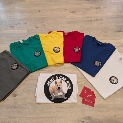 Seis t-shirts coloridas com logotipo de cão e etiquetas 'IMAGE' sobre chão de madeira clara