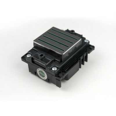 Cabeça de impressão Epson em preto e prateado com faixas verdes