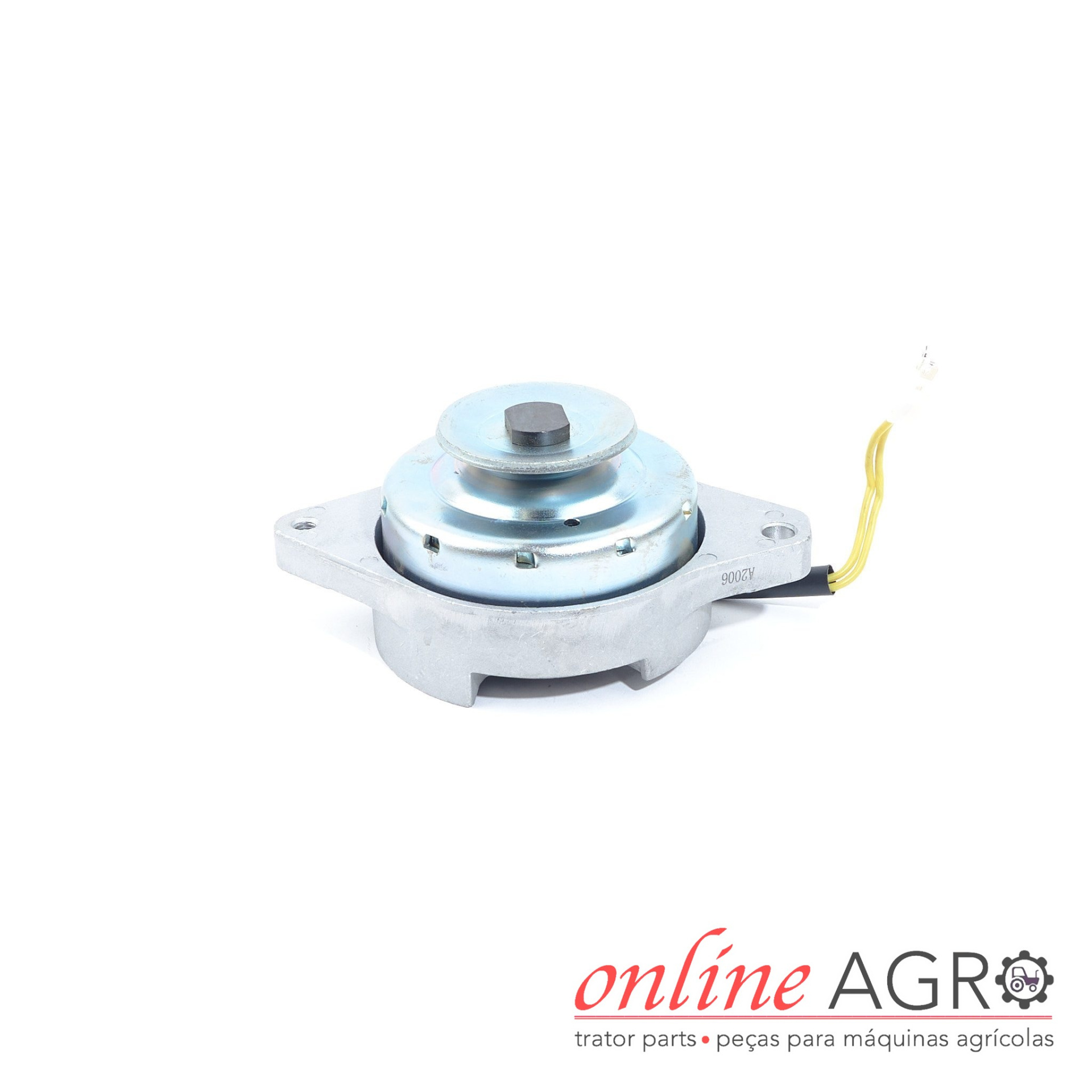 Alternador, Yanmar, OAS120006PT Motor elétrico prateado com suporte metálico e fios amarelos junto ao logo Online AGR.