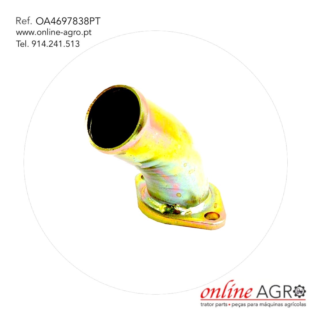 TUBO DE BOMBA DE ÁGUA, REF.OA4697838PT Peça metálica tubular dourada com base de fixação inclinado em fundo branco com texto e logótipo