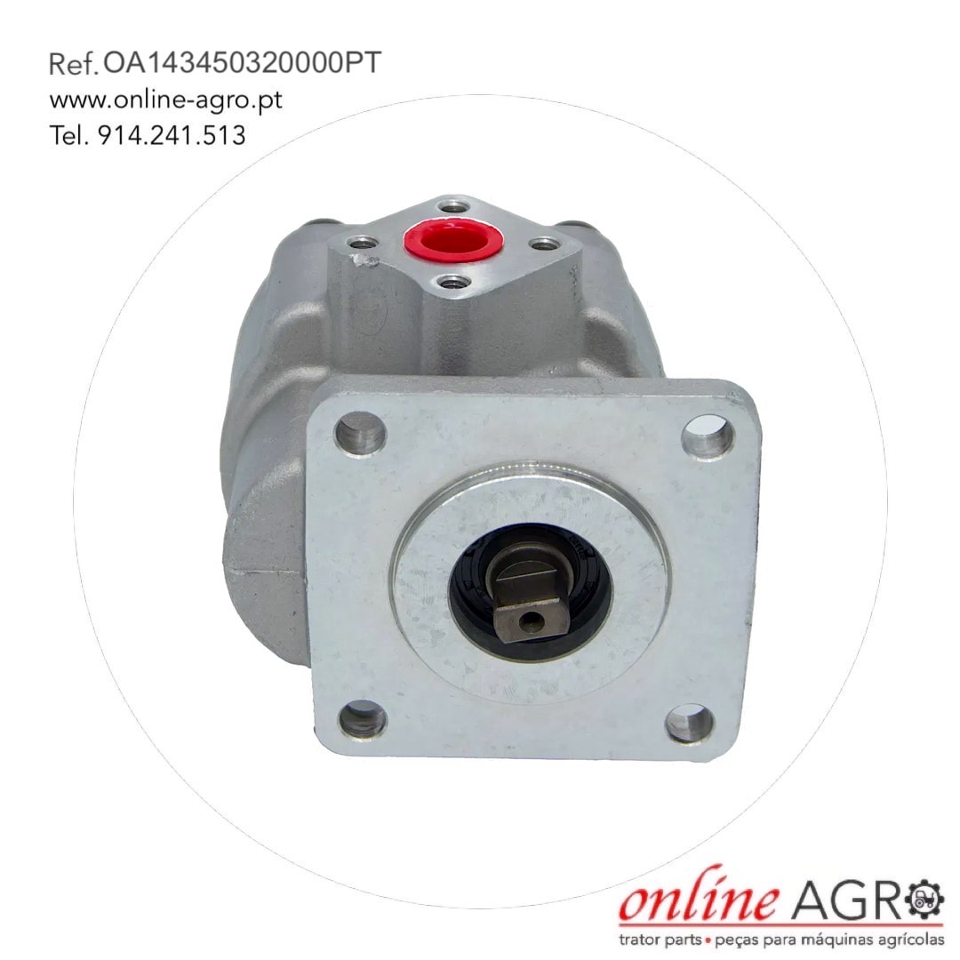 BOMBA HIDRÁULICA, ISEKI, #OA143450320000PT Peça mecânica metálica prateada de máquina agrícola com detalhes vermelhos e pretos