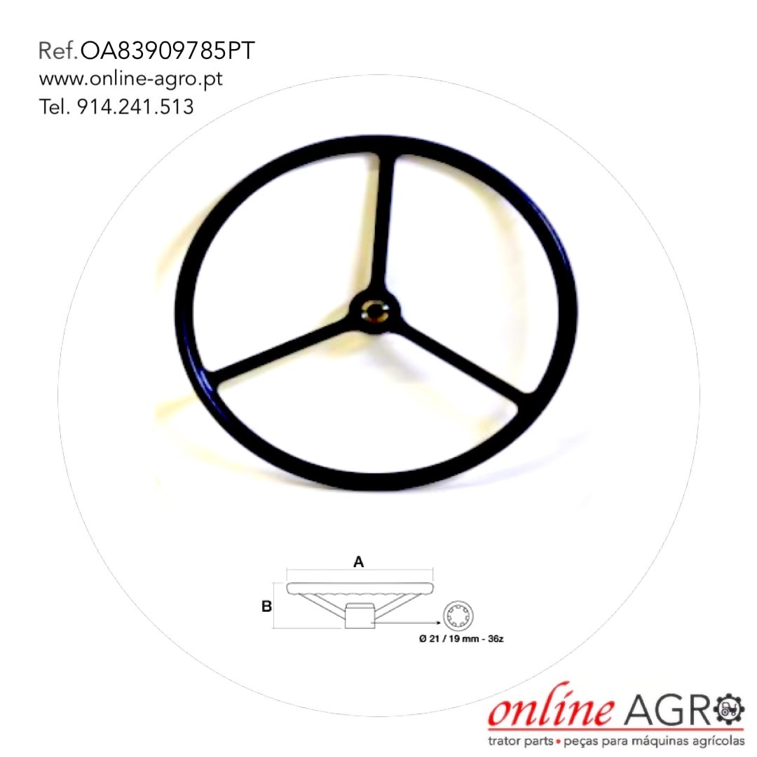 VOLANTE DE DIREÇÃO, FORD, #OA83909785PT Volante preto de três raios com desenho técnico e informações de contacto
