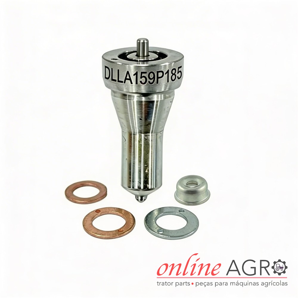 Bico injetor DLLA159P185, Yanmar, OAS47065SPT Peça metálica cilíndrica DLLA159P185 com anéis metálicos em fundo branco