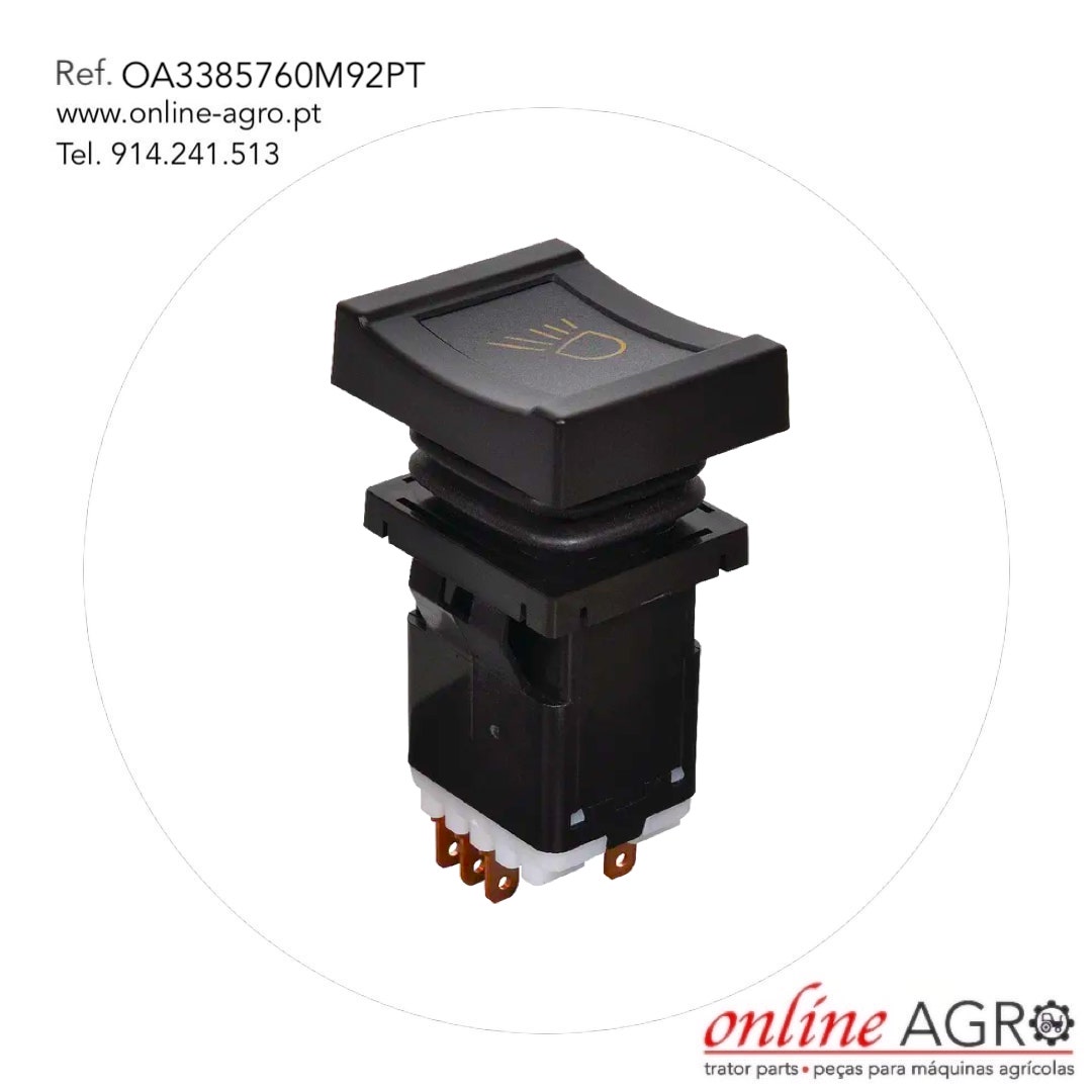 INTERRUPTOR DE LUZ, #OA3385760M92PT Interruptor elétrico preto para maquinaria agrícola com símbolo de luz e múltiplos terminais