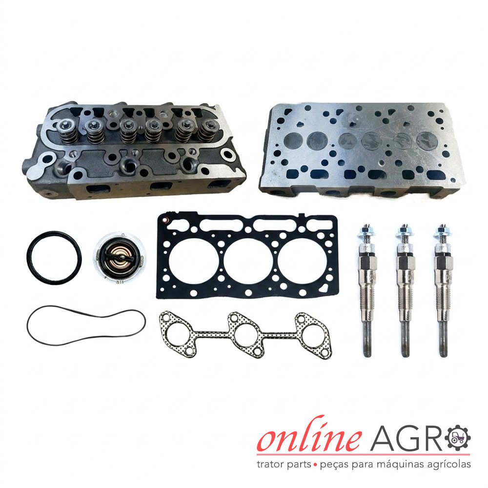 Kit de cabeça de motor completa, Kubota, OAS990035PT Conjunto de peças metálicas para motor e componentes de trator sobre fundo branco