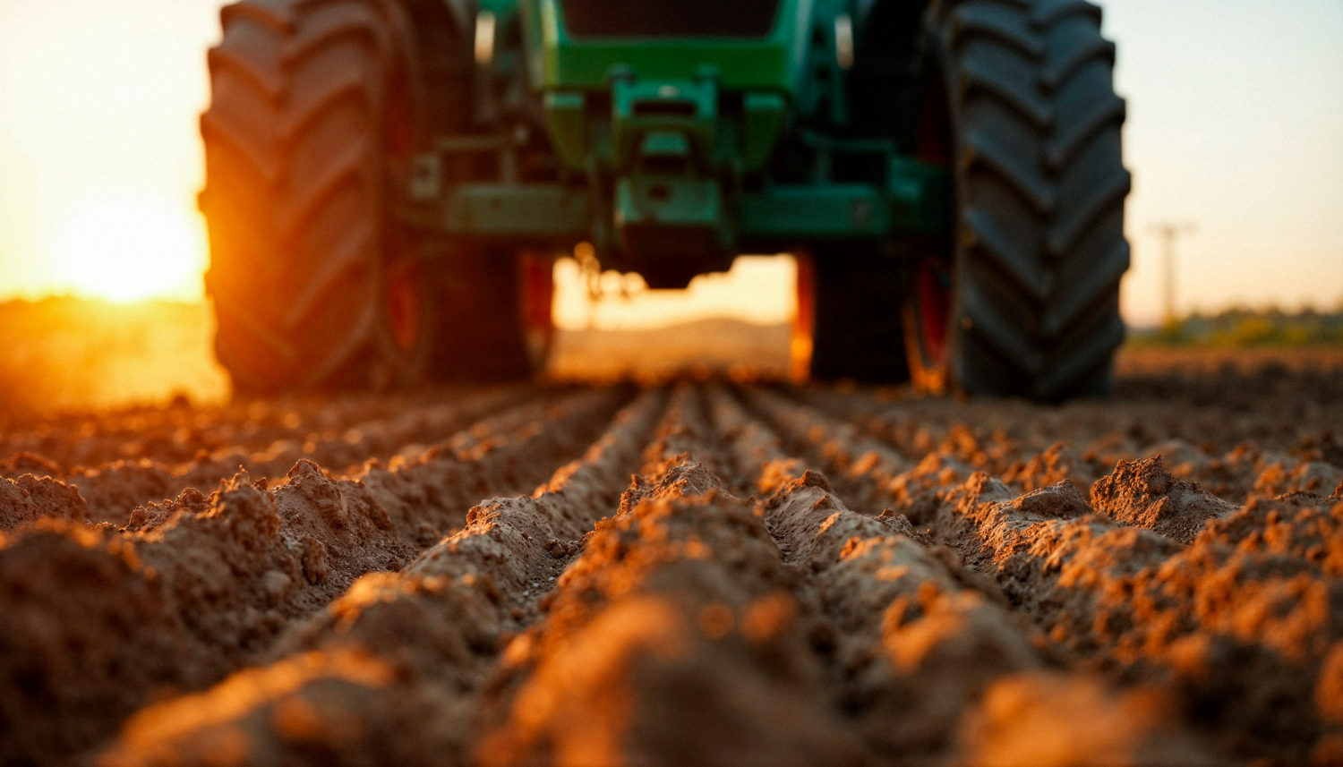 Trator verde visto de trás em campo arado ao pôr do sol.