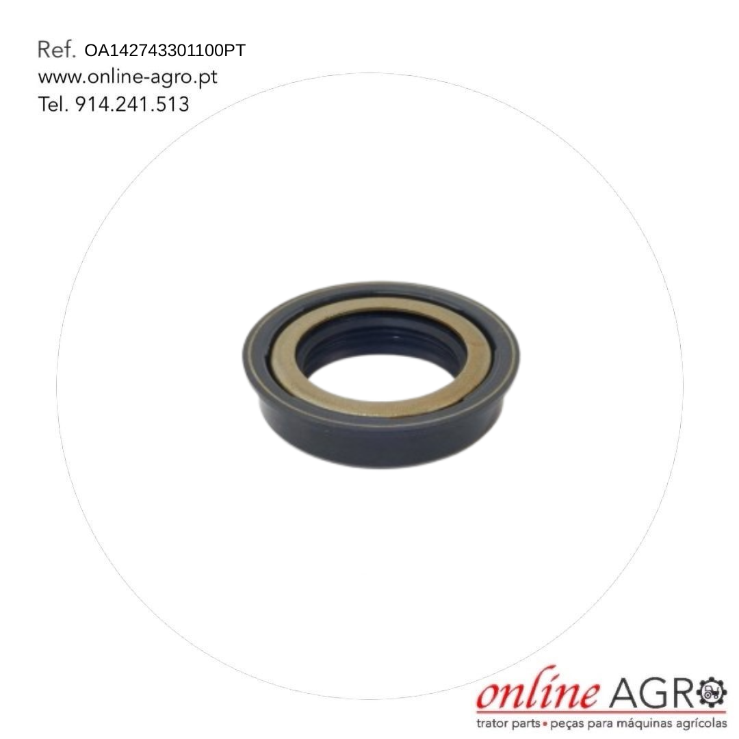 Retentor de eixo frontal, Kubota, #OA142743301100PT Anel de vedação preto e castanho com texto de referência e contacto online AGRO em fundo branco