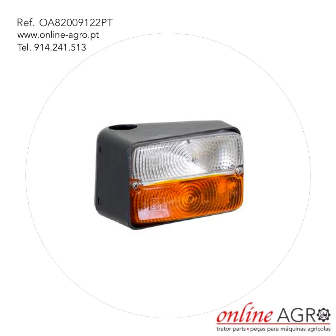 FAROL FRENTE, DIREITO, #OA82009122PT Farolim retangular branco e laranja com caixa preta em fundo branco e texto de contato.