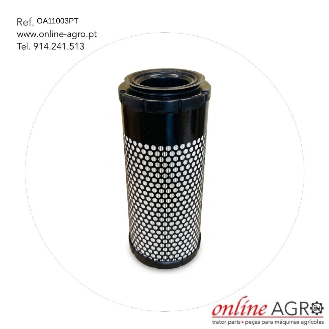 Filtro de ar, Kubota, #OA11003PT Filtro cilíndrico preto com superfície perfurada e texto de referência e contactos ao redor