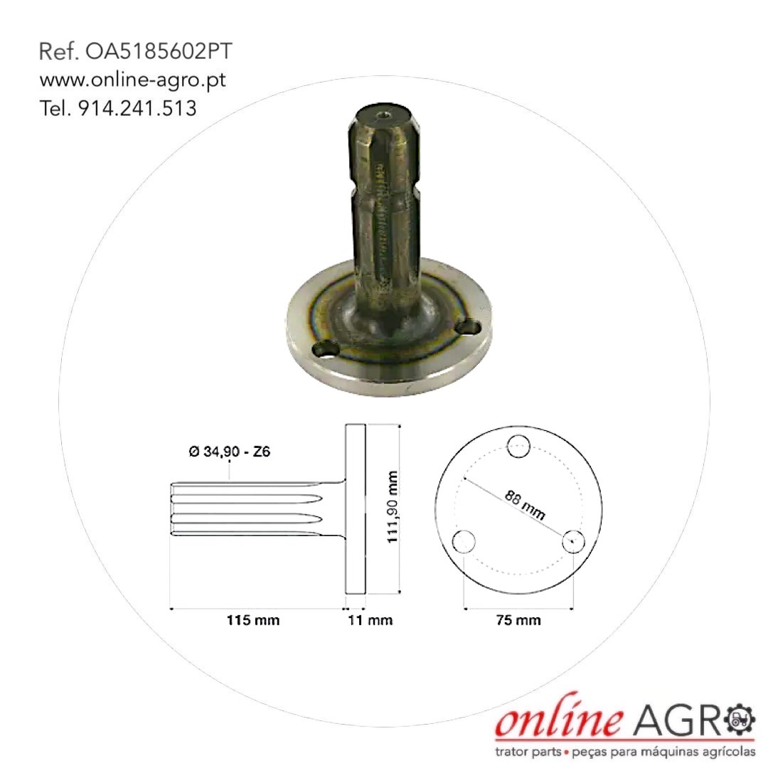 VEIO DE TDF, #OA5185602PT Peça mecânica metálica com diagramas técnicos e texto de contato