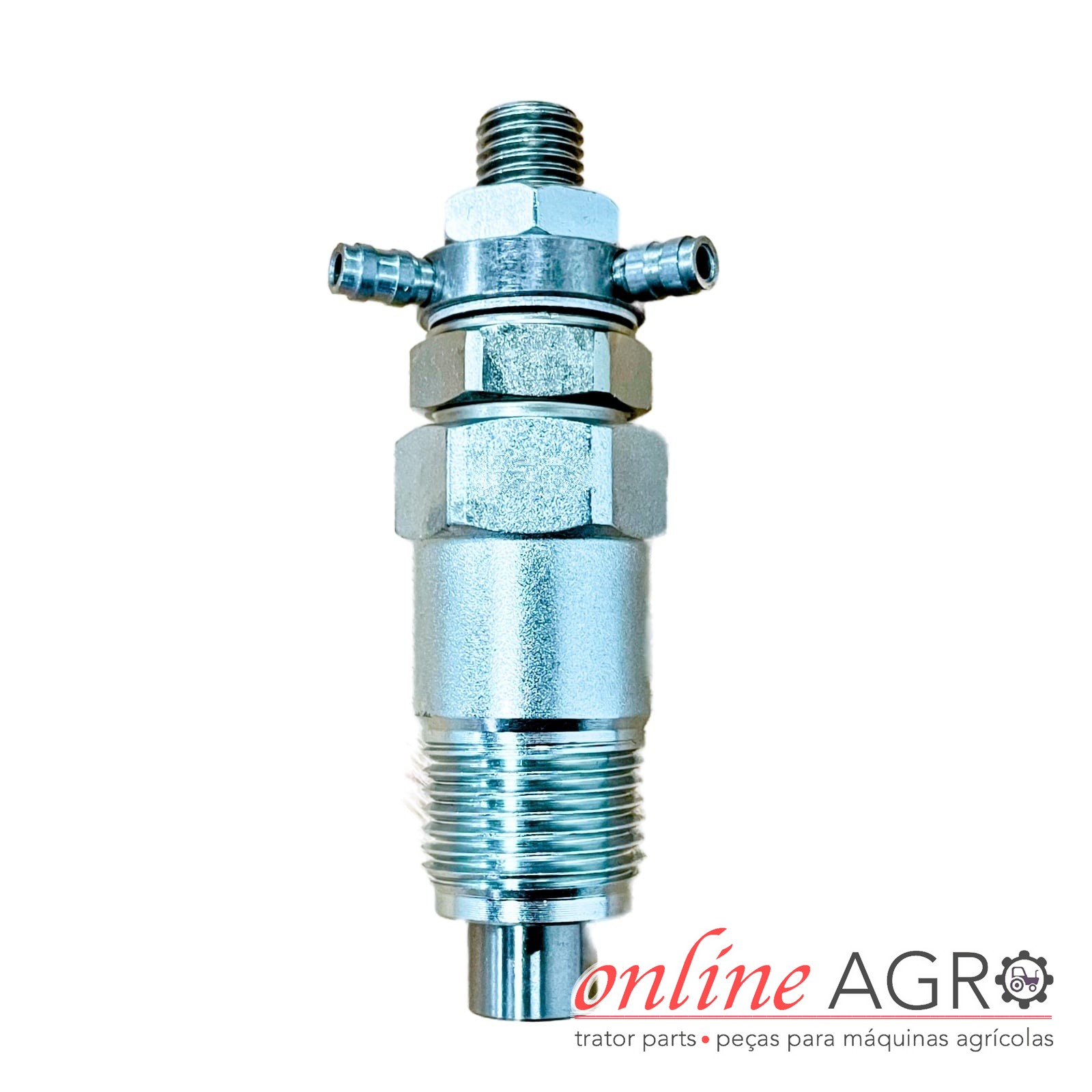 Injetor de combustível completo, Bobcat, OAS47014SPT Conector metálico prateado com duas saídas laterais e roscas, logotipo e texto online AGR