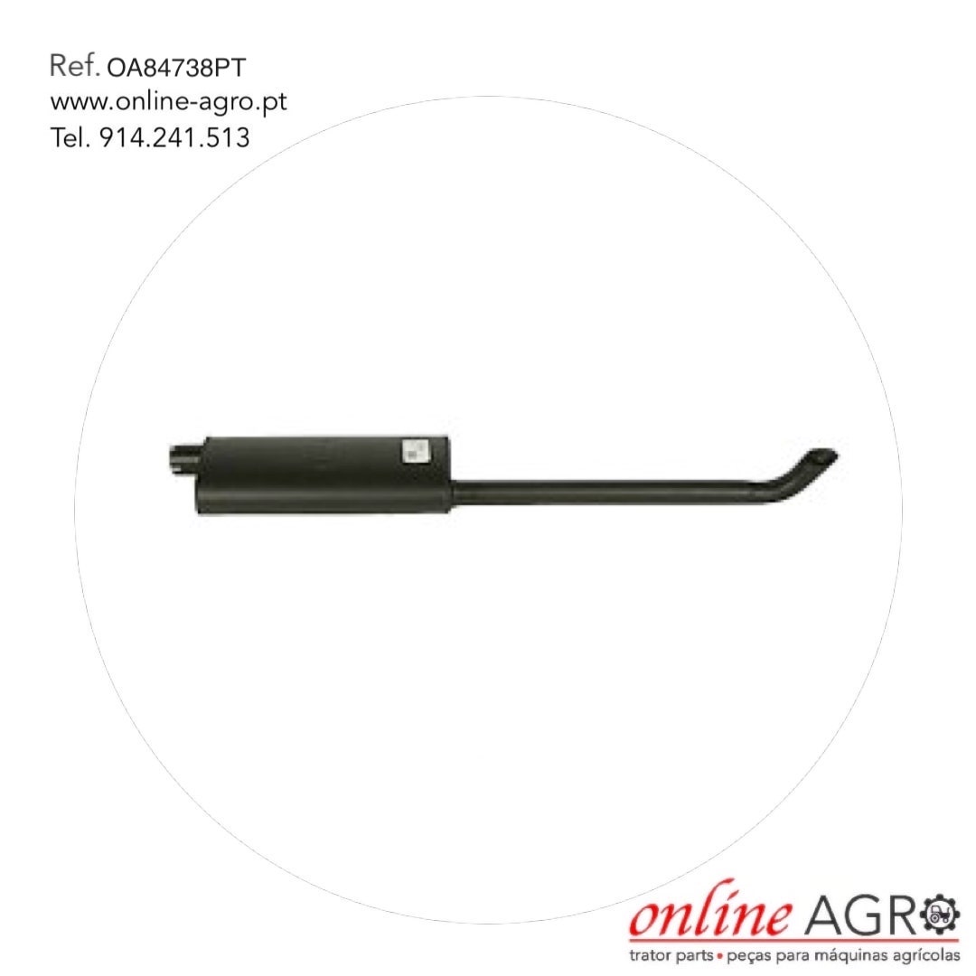 PANELA DE ESCAPE, CASE, #OA84738PT Peça metálica preta tipo tubo em fundo branco com texto e logo online AGRO