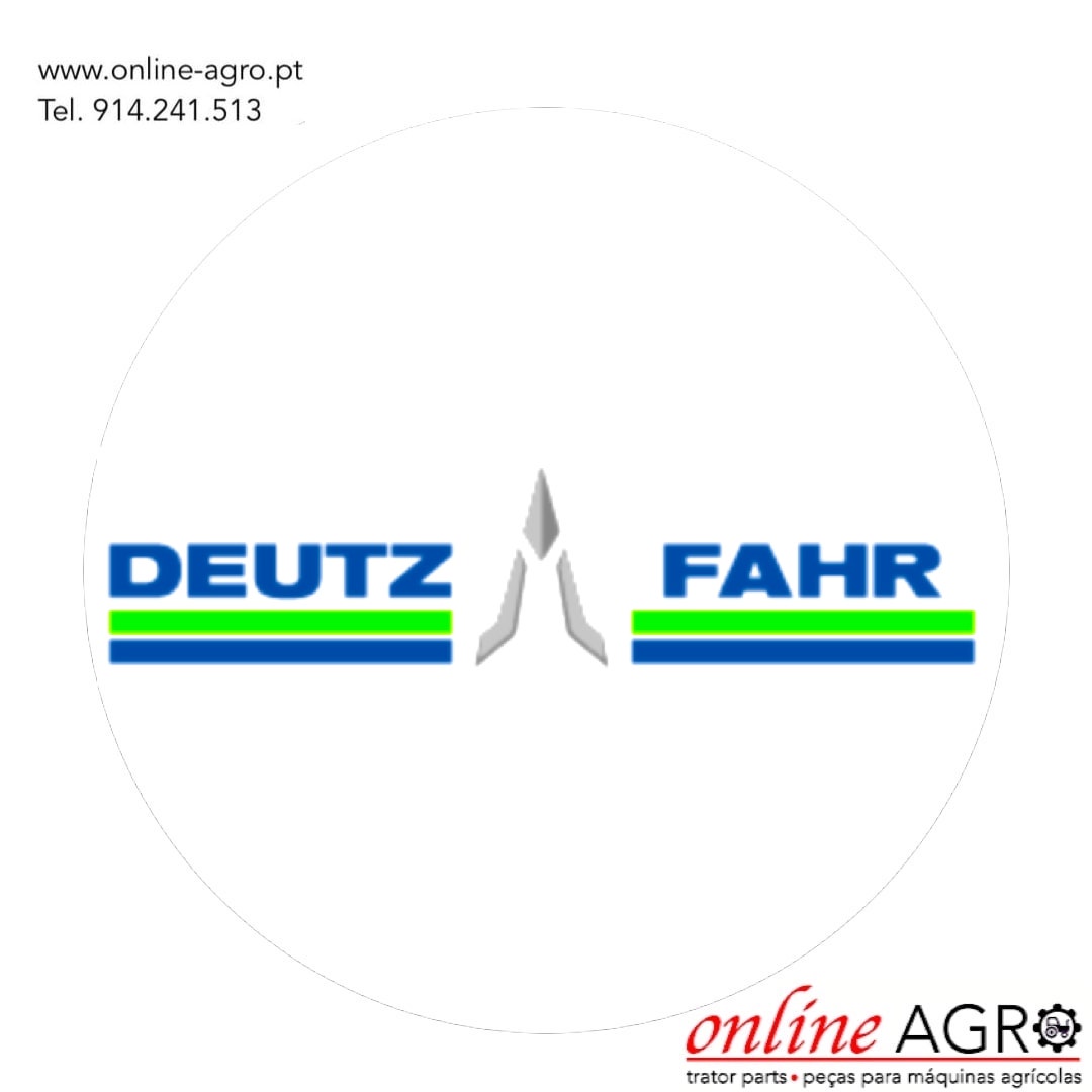PEÇAS TRATOR DEUTZ FAHR Logotipo DEUTZ FAHR em azul com linhas verdes e azuis, símbolo cinza, texto www.online-agro.pt e telefone, texto online AGRO com símbolo de engrenagem