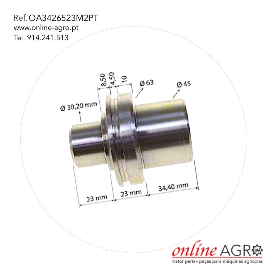 PIVOT DE MANGA DE EIXO, #OA3426523M2PT Peça metálica cilíndrica com medidas e código de referência em fundo branco
