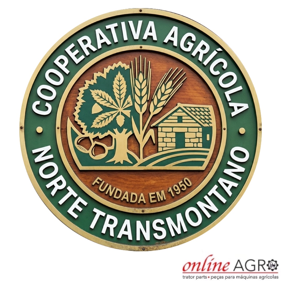 Sinal redondo de cooperativa agrícola com símbolos agrícolas e texto em verde e madeira