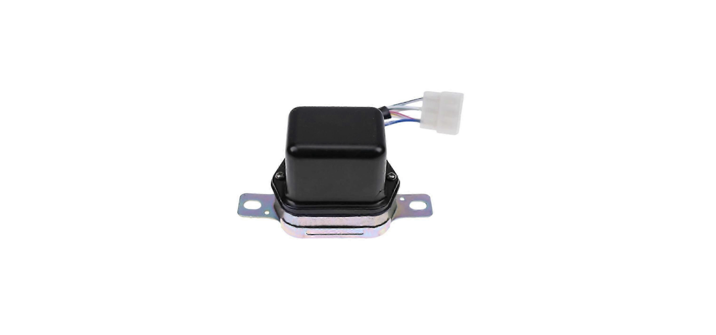 Regulador de tensão, Kubota, #OA2121PT Componente eletrônico preto com base metálica e fios com conector branco