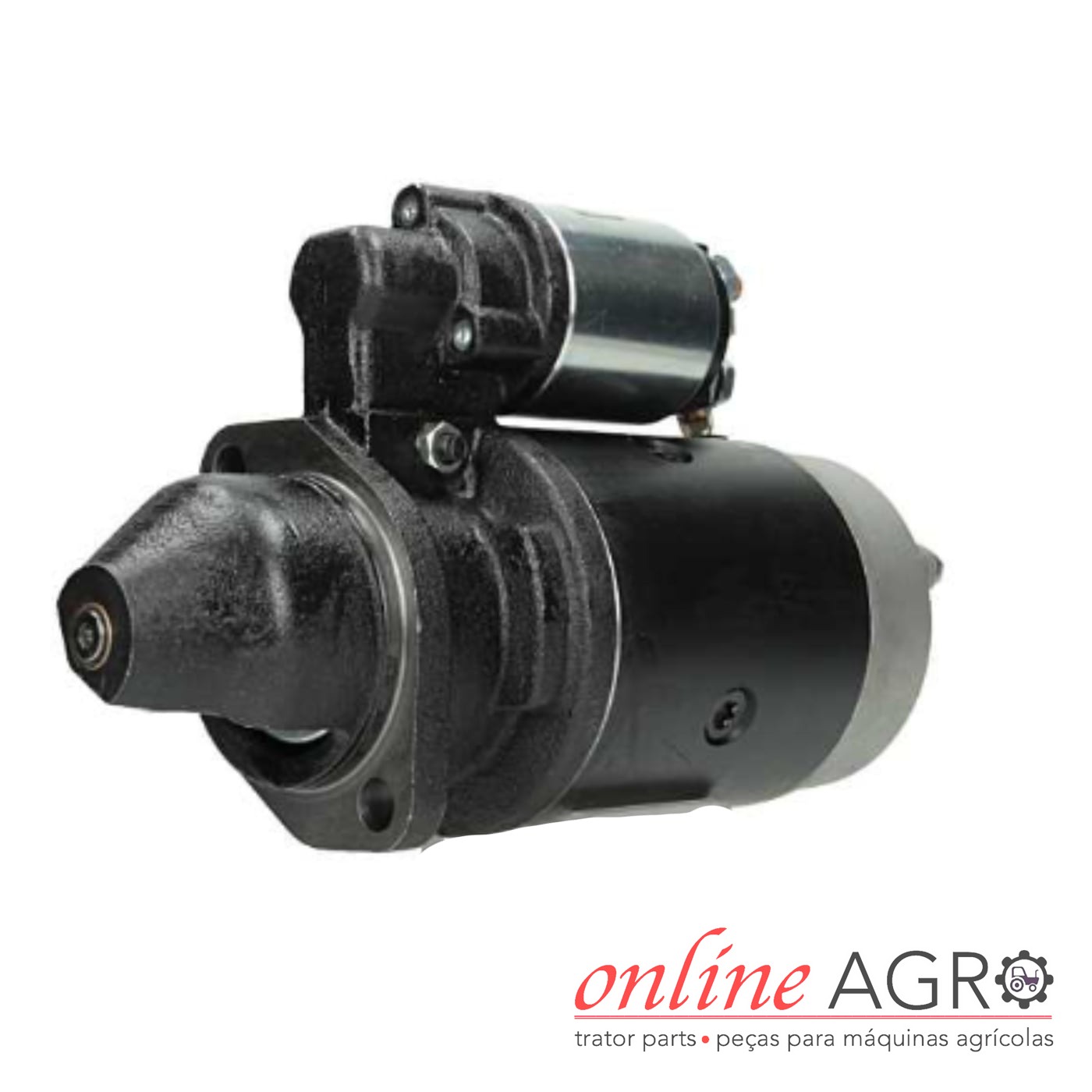 Motor de arranque Agria Carraro Holder Bertolini, Goldoni, OAS129039PT Motor de arranque preto para máquina agrícola com fundo branco e texto Online AGRO