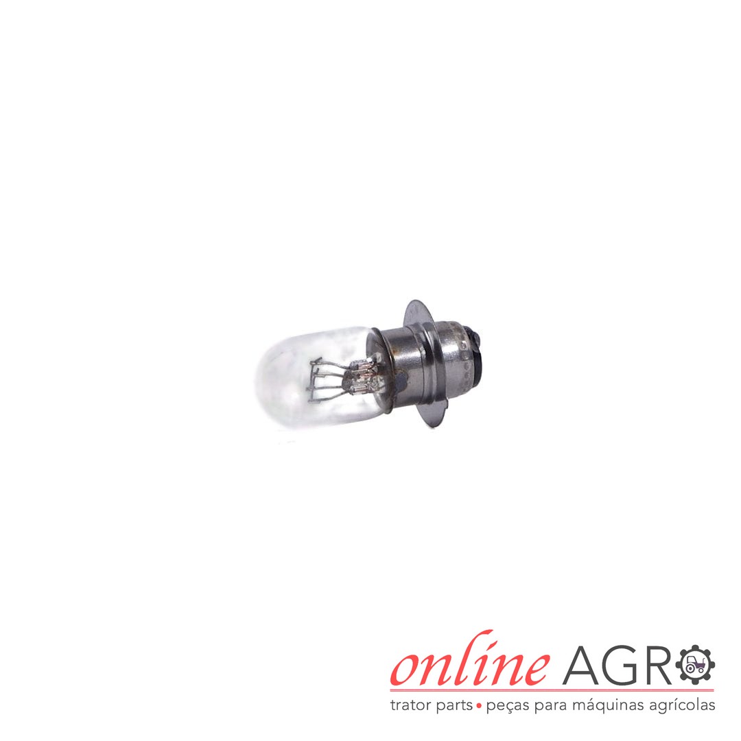 Lâmpada 12V 25/25W, Iseki, OAS50030PT Lâmpada pequena com base metálica e vidro transparente em fundo branco com logotipo da Online Agro.