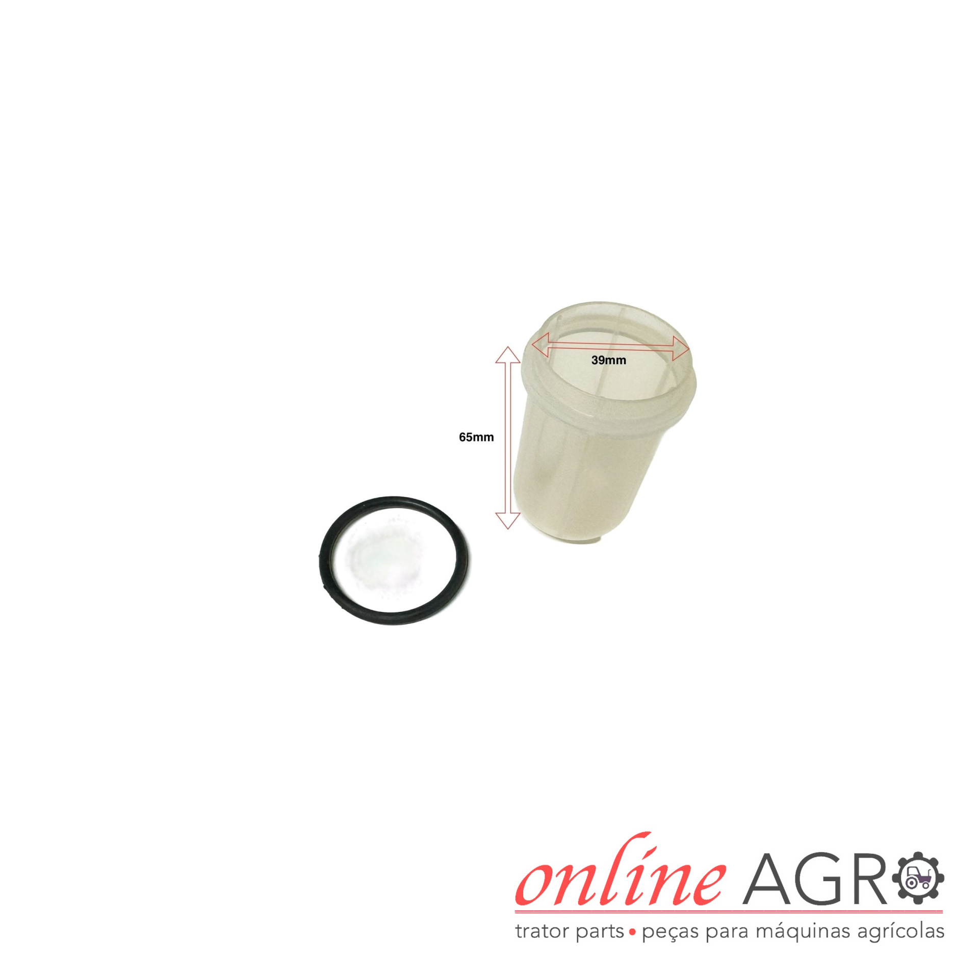 Filtro de combustível de vidro, Iseki, OAS15011PT Frasco cilíndrico transparente com anilha preta e medidas indicadas numa imagem com fundo branco