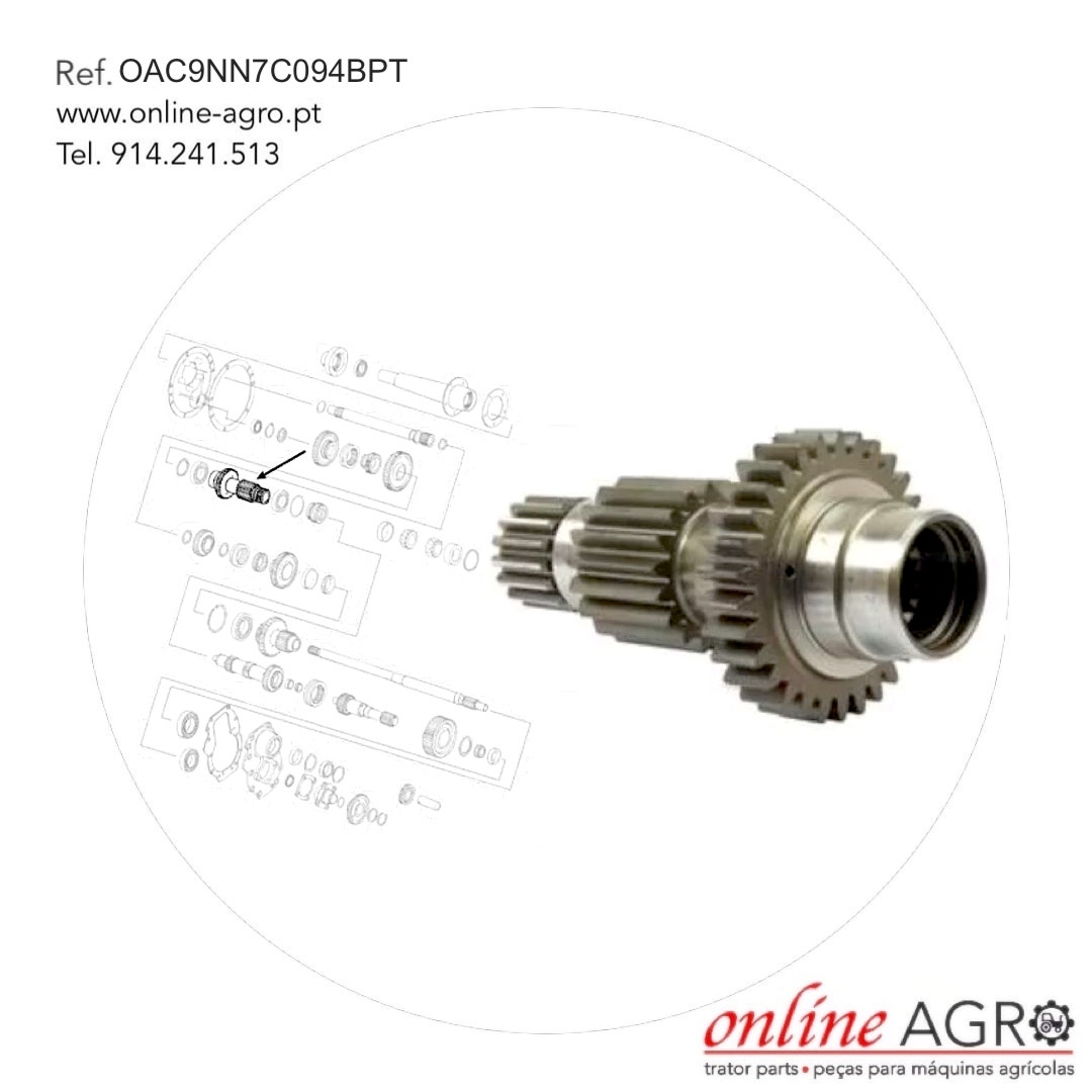 EIXO PRINCIPAL, CAIXA DE ENGRENAGENS, #OAC9NN7C094BPT Engrenagem metálica com desenho técnico e informações de contacto