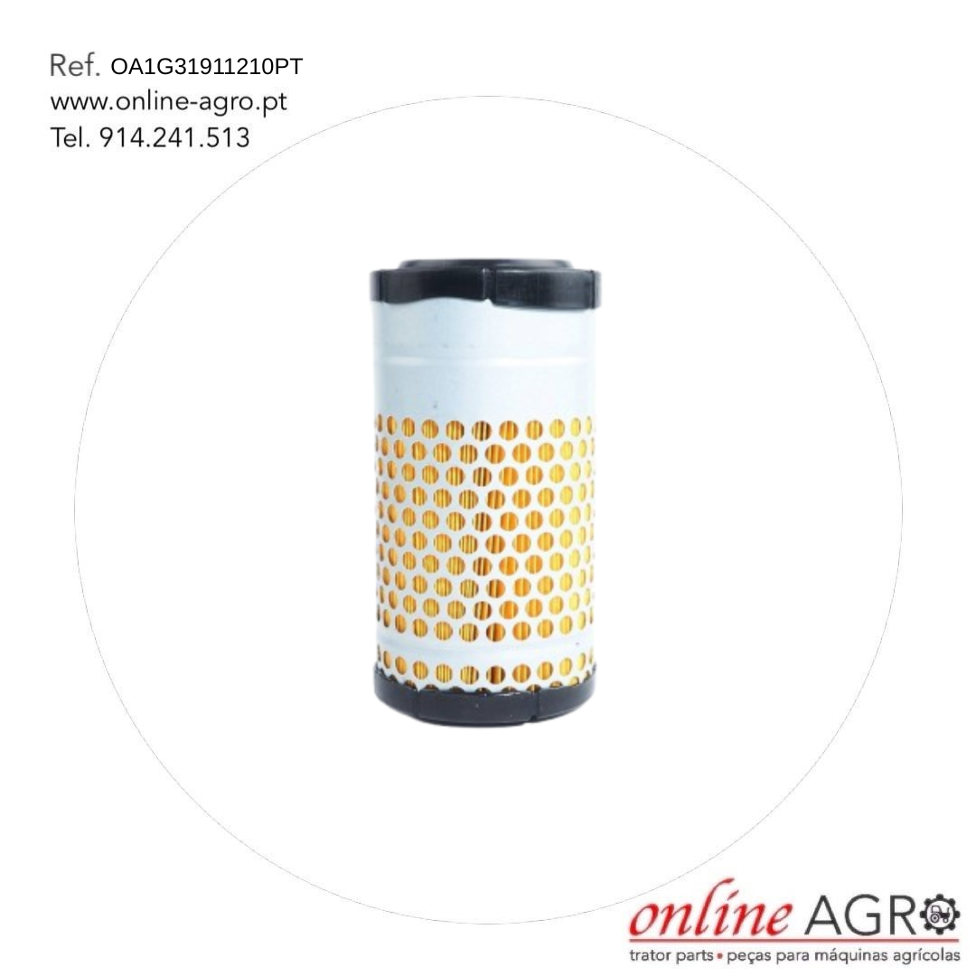 Filtro de ar, Kubota, #OA1G31911210PT Filtro cilindrico branco com padrao de furos redondos e detalhes pretos