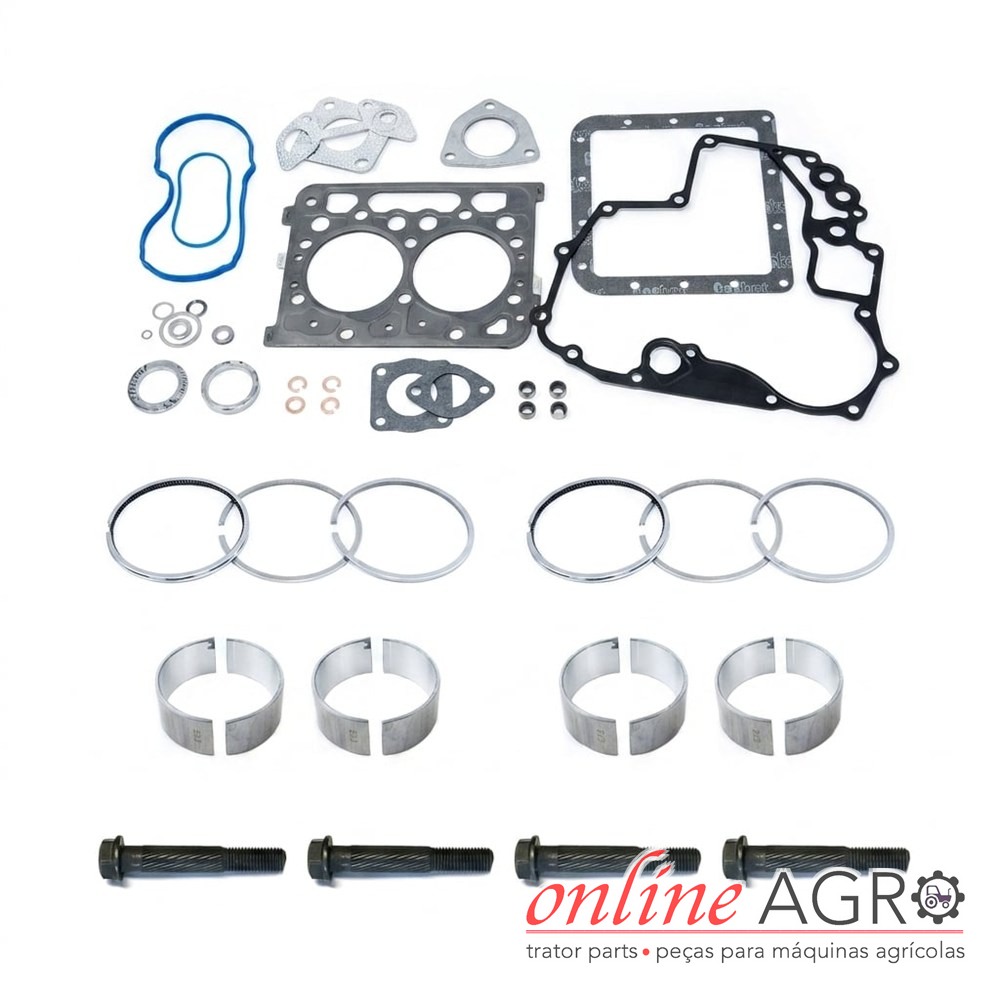 Kit de revisão de motor in-frame, Kubota, OAS850063PT Conjunto de peças para motores agrícolas com juntas, anéis, casquilhos e parafusos sobre fundo branco.