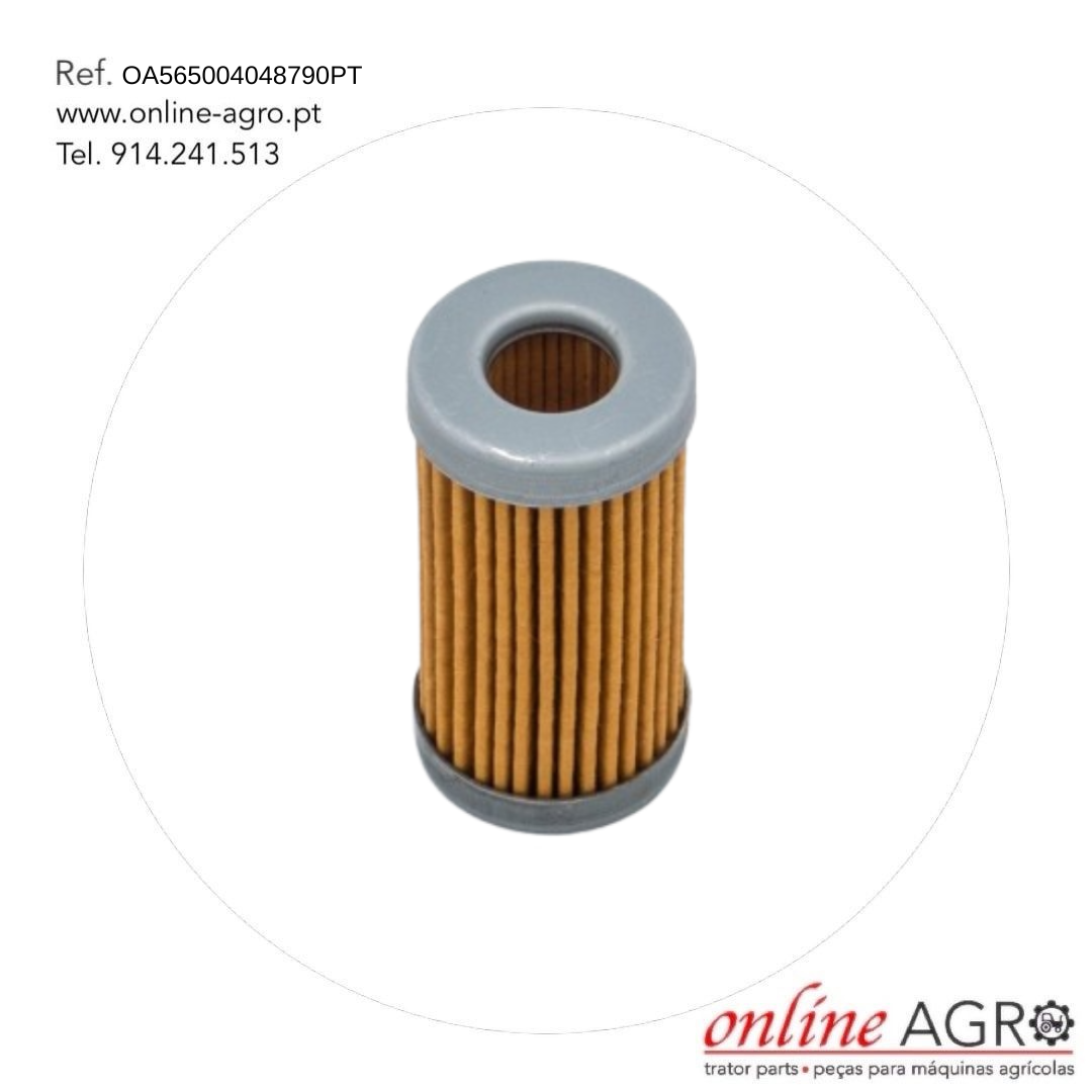 Filtro de combustível pequeno, Iseki, #OA565004048790PT Filtro cylindrical com superfície em papel canelado castanho e extremos cinzentos, com texto e logotipo da online AGRO