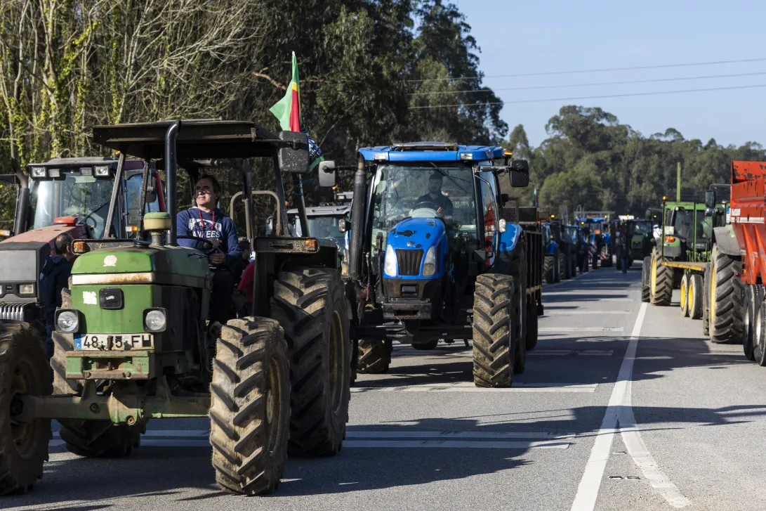 Fila de tratores agrícolas em estrada asfaltada com vegetação ao fundo