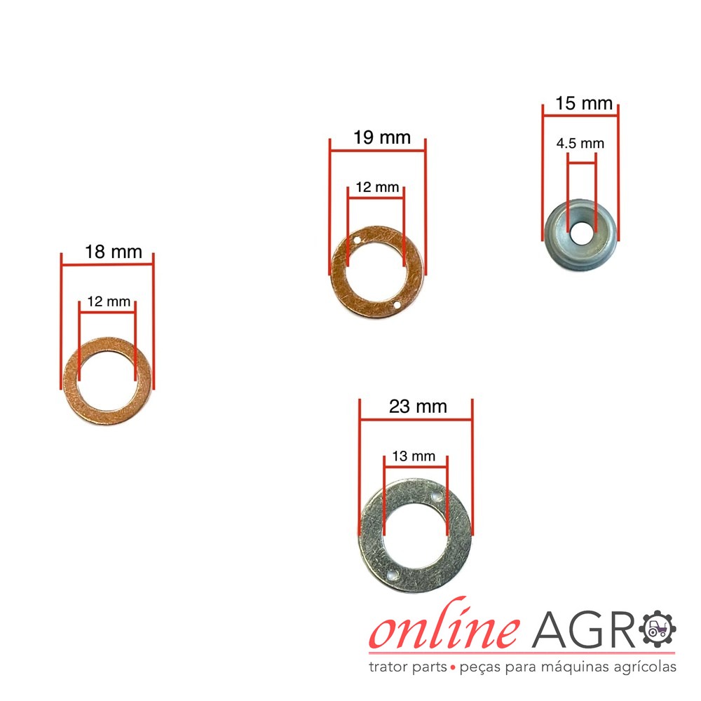 Kit de montagem de injetor, Kubota, OAS47056PT Quatro anilhas metálicas de diferentes tamanhos com medidas em mm e logótipo online AGRO