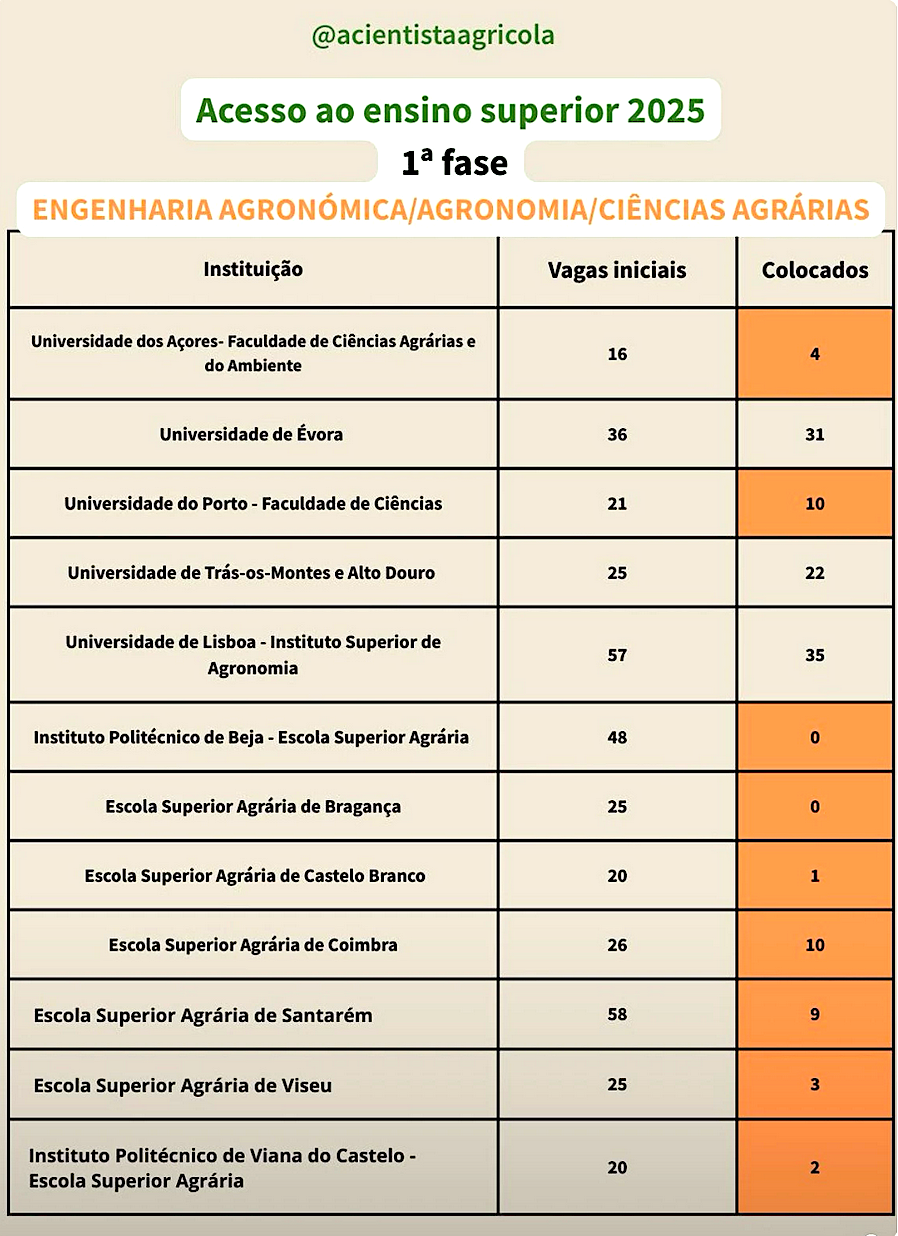 Tabela sobre acesso ao ensino superior 2025 em Engenharia Agronómica com vagas e colocados em várias instituições.