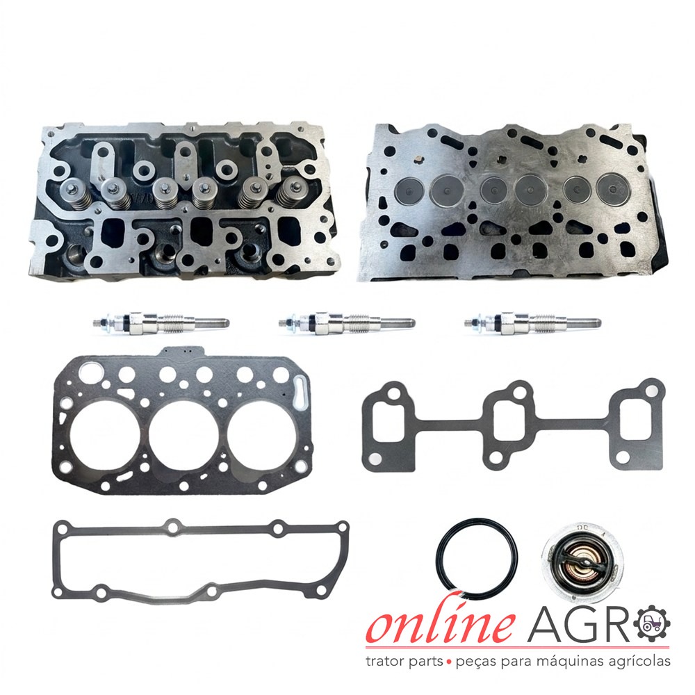 Kit de cabeça de motor completa, Yanmar, OAS990032PT Peças metálicas de motor para máquinas agrícolas dispostas em fundo branco com logótipo online AGRO