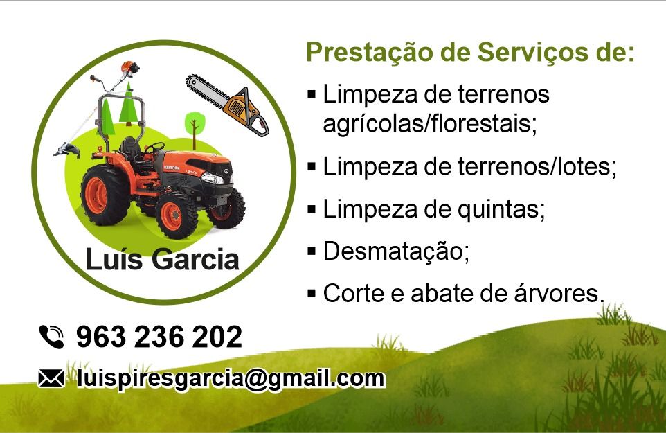 Anúncio com trator agrícola laranja e lista de serviços florestais em Português