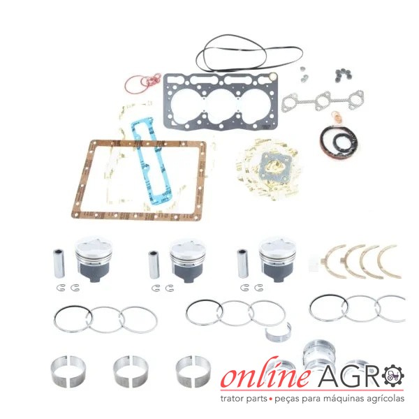 Kit de revisão de motor, Kubota, OAS85005605PT Conjunto de peças mecânicas para motor agrícola organizado em fundo branco