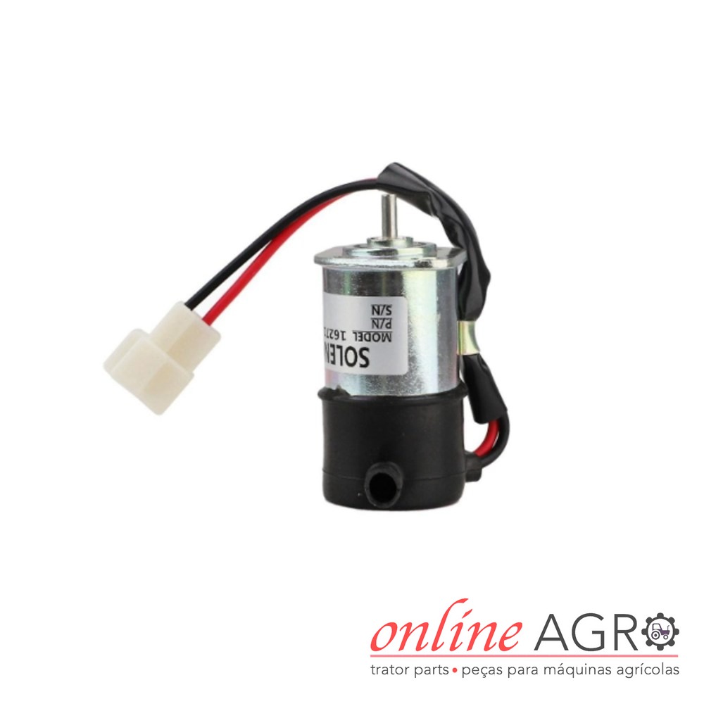 Solenoide de corte de combustível, Kubota, OA1627160012PT Motor elétrico pequeno com fios e conector, etiqueta com texto e fundo branco com logo online AGRO