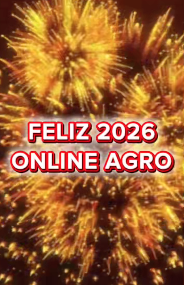 Fogos de artifício dourados com texto FELIZ 2026 ONLINE AGRO no centro.