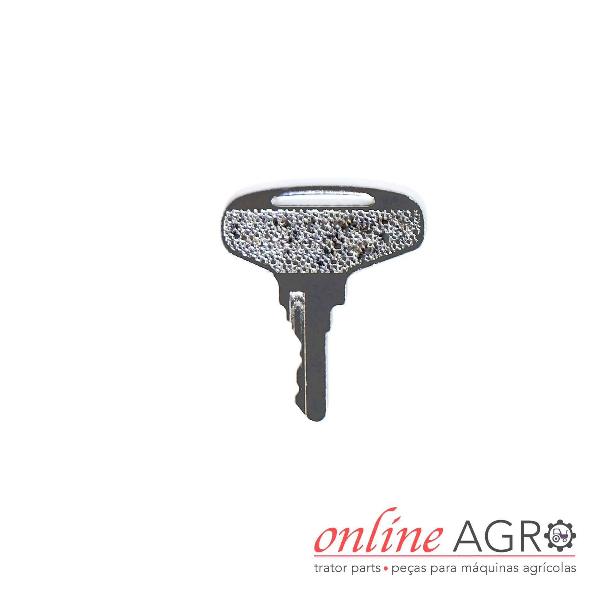Chave de ignição, Kubota, OASU4PT Chave metálica prateada com padrão texturizado e texto de fundo online AGR