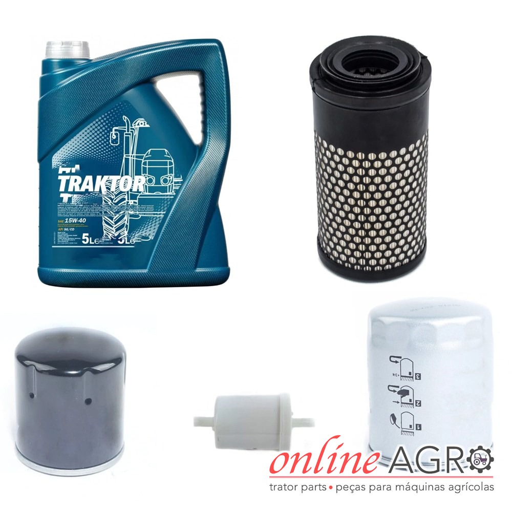 Kit de filtros com óleo, Kubota, OA100100PT Recipiente de óleo lubrificante e filtros para tratores com fundo branco e logotipo onlineAGRO.