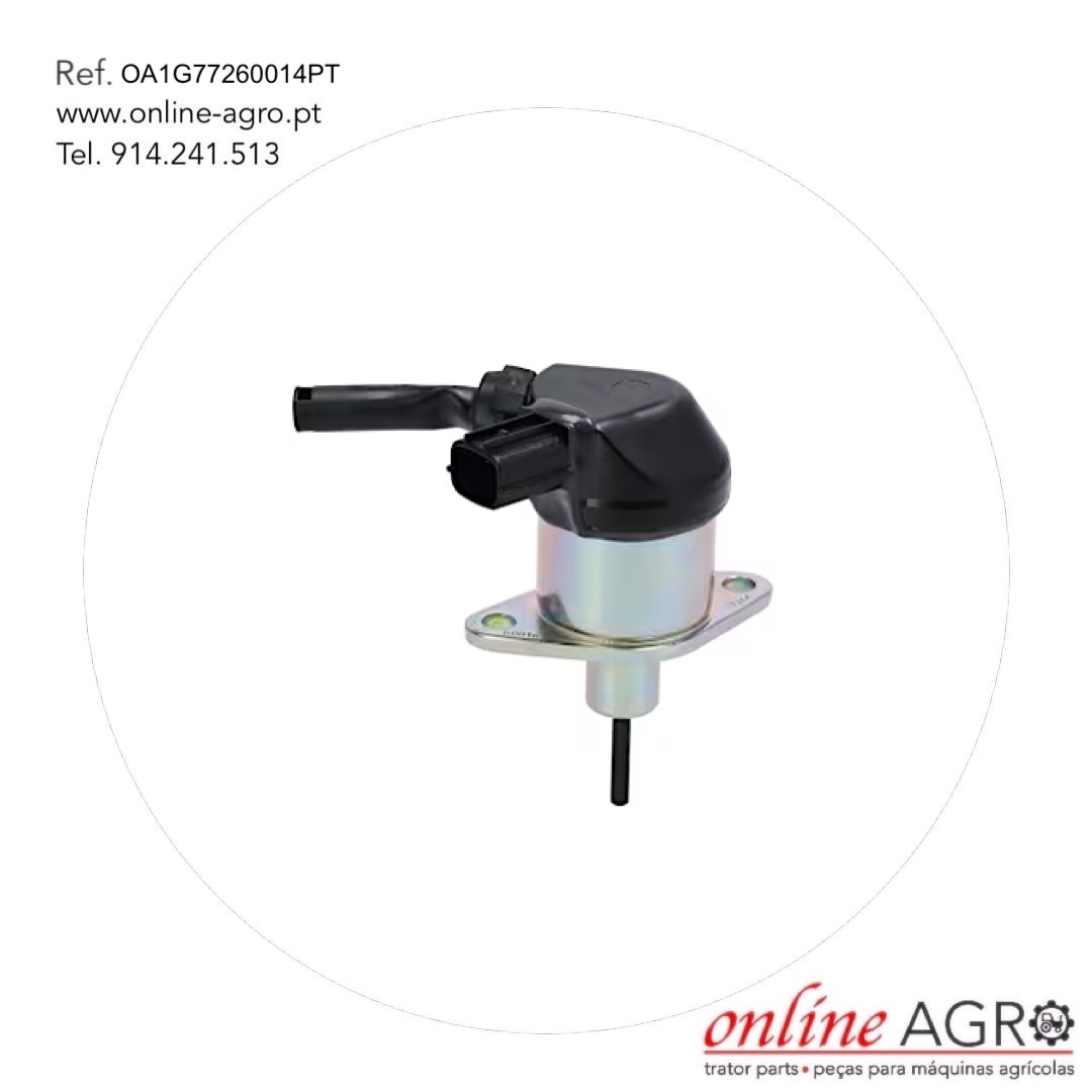 VÁLVULA DE CORTE DE GASÓLEO, KUBOTA, #OA1G77260014PT Produto mecânico metálico com cabo preto e base em metal prateado