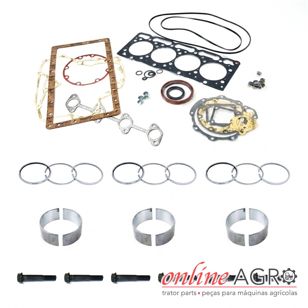 Kit de revisão de motor in-frame, Kubota, OAS850062PT Conjunto de peças para motor com juntas, anéis, casquilhos e parafusos num fundo branco com texto promocional
