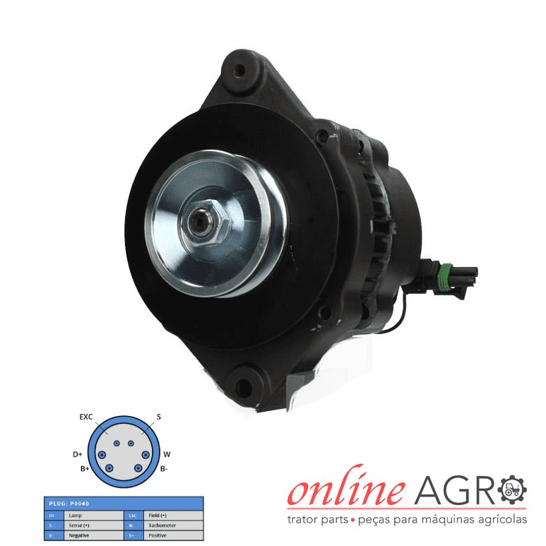 Alternador 12 V 50 A, Bobcat, OA6632192PT Alternador preto com peça metálica prateada e conector elétrico para máquinas agrícolas
