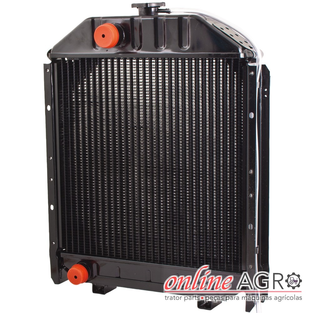 Radiador de cobre, Fiat, OAC11482PT Radiador metálico preto com tampas vermelhas em ambiente branco