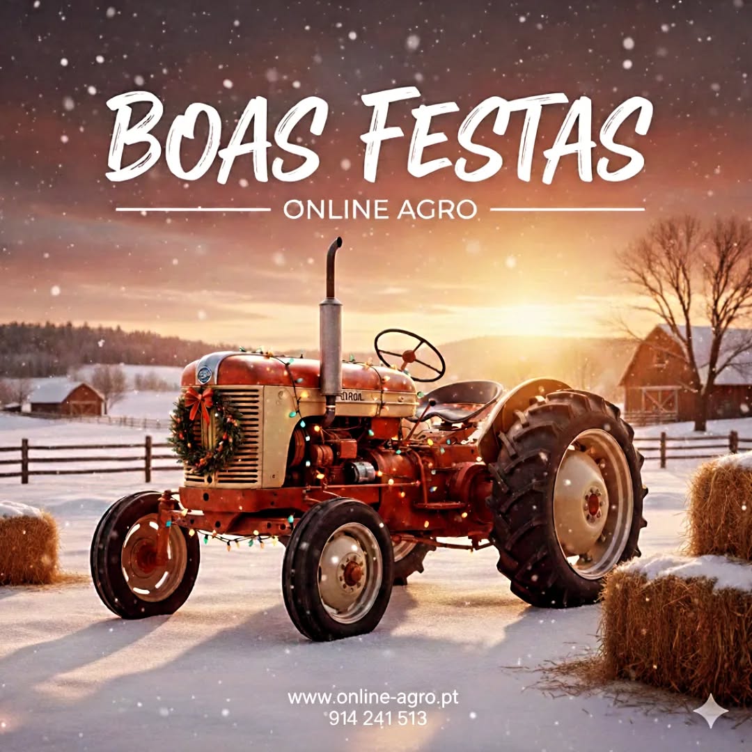 Trator vintage laranja decorado para Natal em paisagem nevada com texto promocional