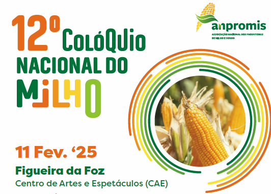 Cartaz do 12º Colóquio Nacional do Milho com cores verdes, laranjas e logotipo da anpromis