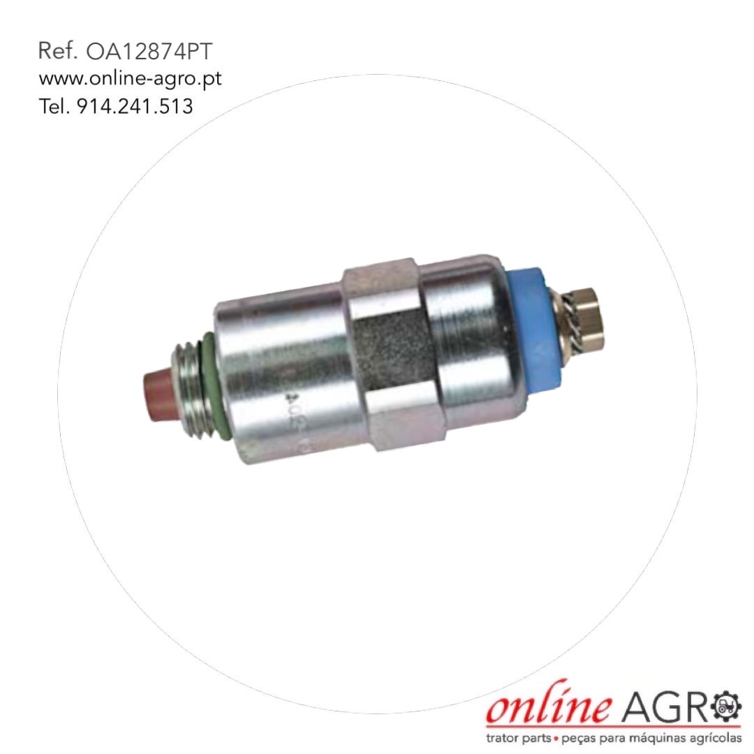 VÁLVULA DE CORTE DE GASÓLEO, #OA12874PT Componente metálico cilíndrico com rosca e base azul sobre fundo branco com texto e logótipo